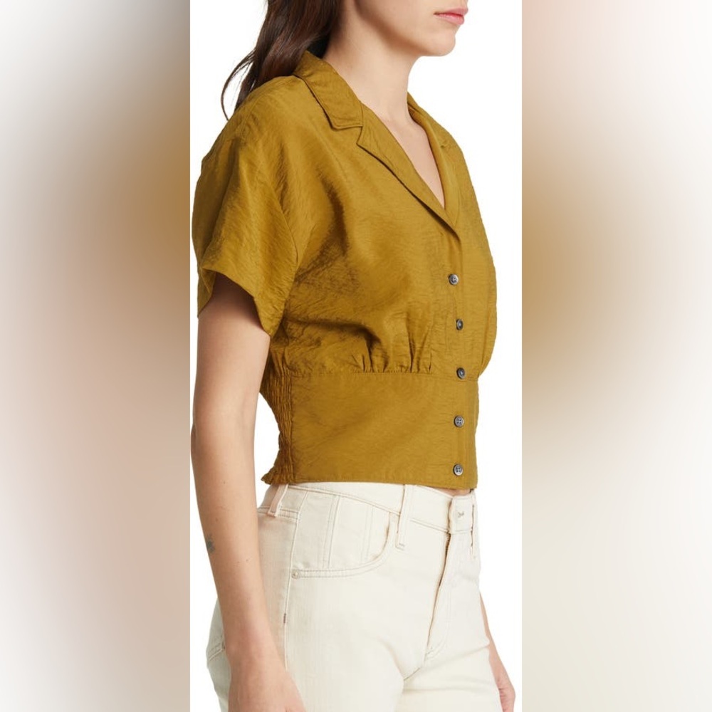 Madewell Drapey Banded Bottom Button-up Top in Spiced Olive